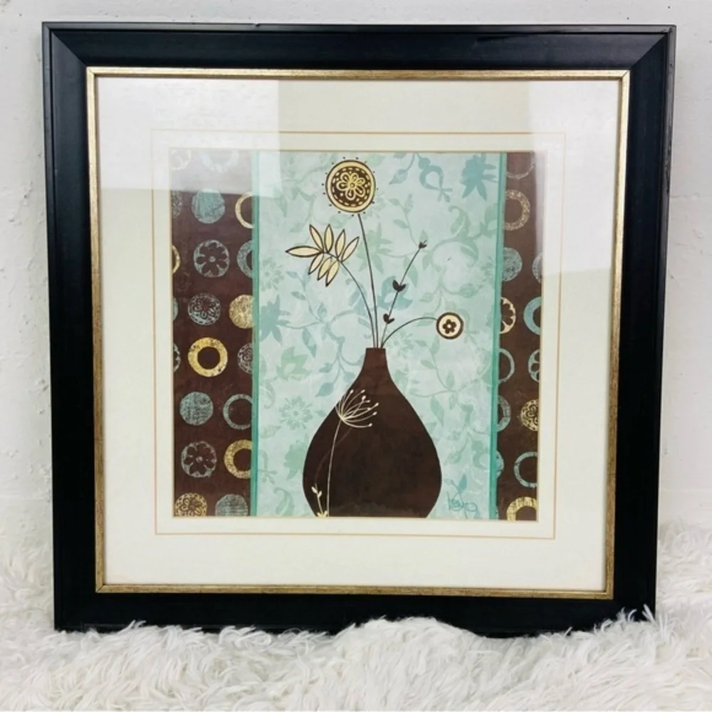 UNBRANDED made in the USA glass framed green & brown vase flower art piece